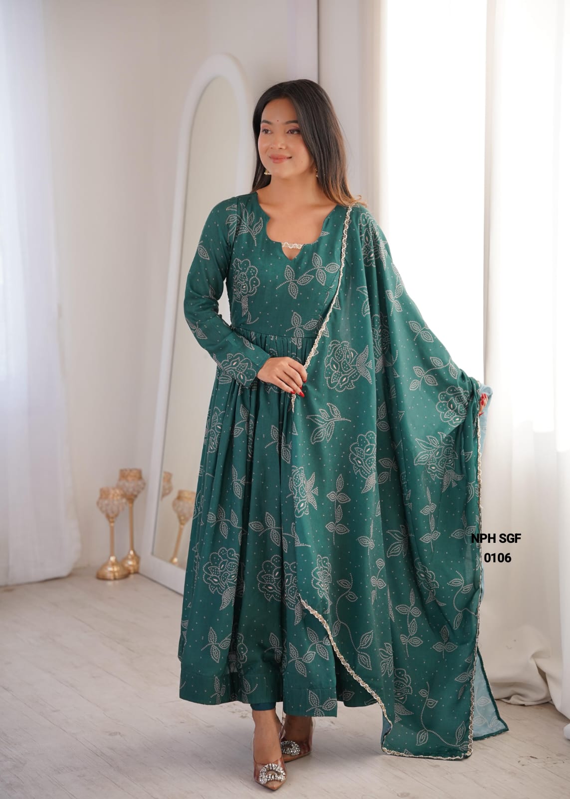 Women's Printed Maslin Gown Set with Pant & Dupatta